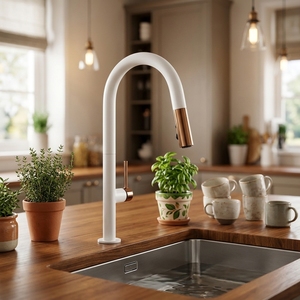 Nuovo Design Miscelatore da Cucina Estraibile Monocomando in Ottone <span class=keywords><strong>Bianco</strong></span> Oro con Valvola in Ceramica, Installazione a Foro Singolo - Product Image 1