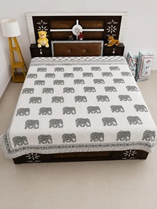 Hand Block Printed Cotton <b>Quilt</b> Reversible Jaipuri Razai Elephant Boho Bedspread Handmade Indian <b>Bedding</b> - Product Image 1