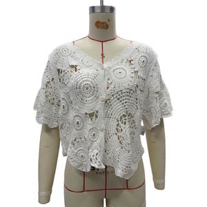 <span class=keywords><strong>Cardigan</strong></span> court élégant en <span class=keywords><strong>maille</strong></span> ajourée pour femme, tricoté en dentelle, crochet floral, demi-manches, devant ouvert, collection 2026 - Product Image 2