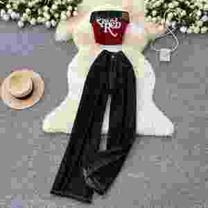 Ensembles Y2K d'été pour femmes : Haut bustier sans manches et ensemble en jean taille haute avec lettres, survêtements de jogging – Vente en gros - Product Image 1