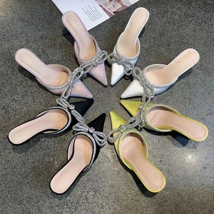 Escarpins à talons chaton pour femme, ornés de strass et d'un grand nœud, élégants et sexy, en PU, vert et argent, 1 paire - Product Image 2