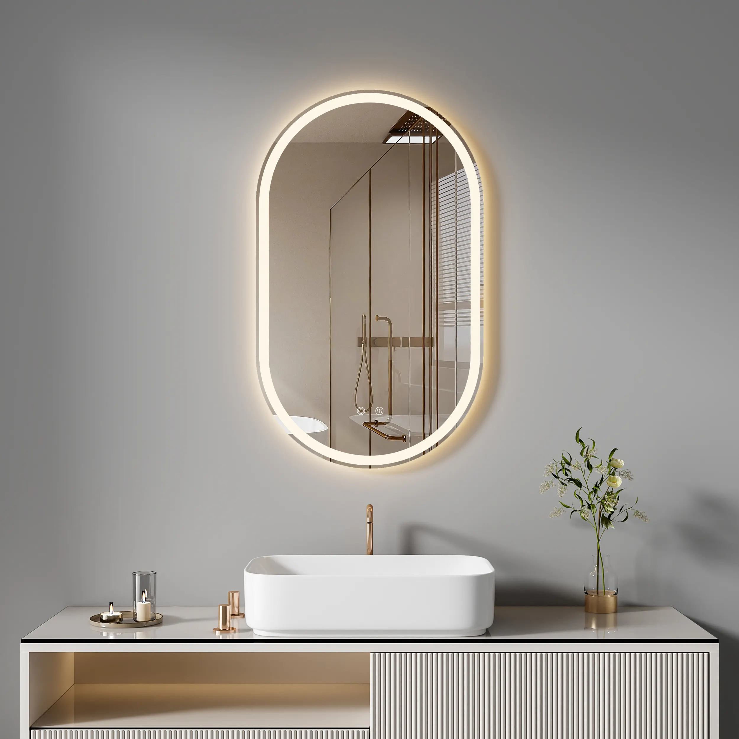 Fabbrica 60*100cm di dimensioni personalizzate anti nebbia smart all'ingrosso touch screen luce led hotel di forma ovale bagno specchi di vanità