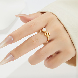 Stylish Pig Nose Open <b>Ring</b> Freshwater Pearl Adjustable Index <b>Finger</b> <b>Ring</b> Geometric Shape Tension Setting Gift Jewelry - Product Image 2