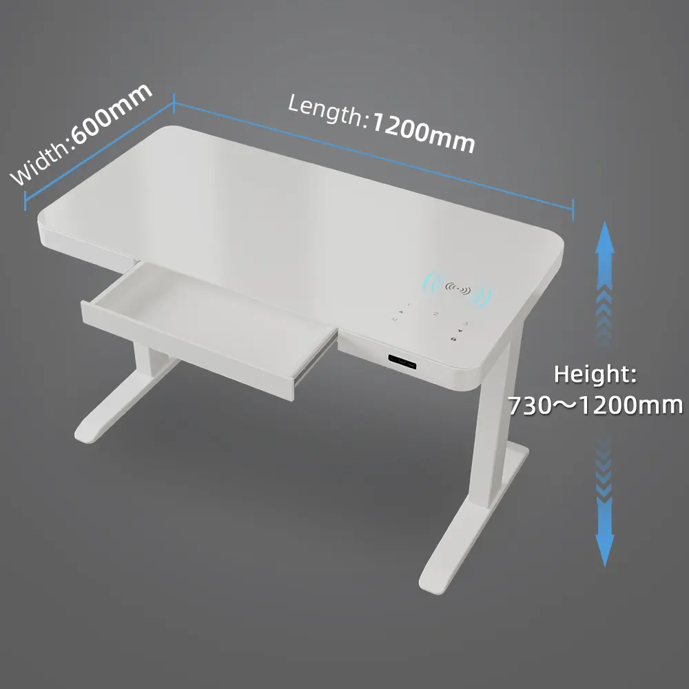 ガラストップUSB充電モダンオフィス家具人間工学に基づいたテーブルスタンディング電気調節可能なデスク、目に見えない引き出し付き