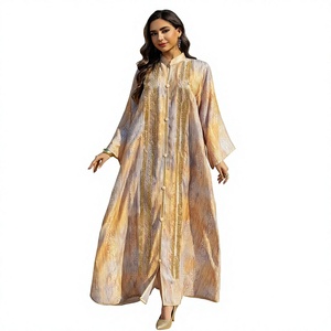 Robe longue moderne et modeste pour femme, respirante, en rayonne tie-dye, à manches longues, col montant, coupe ample, pour usage quotidien, style Moyen-Orient - Product Image 2