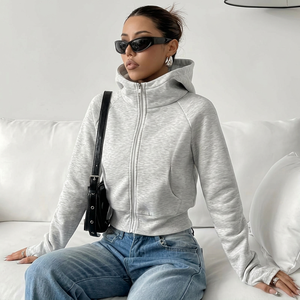 Veste polaire zippée à capuche grise pour femme, manches longues, style minimaliste, coupe-vent, poches avant, idéale pour l'automne, la gym et les trajets quotidiens, Bangladesh - Product Image 4
