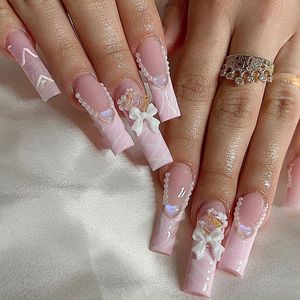 Lot de 24 faux ongles longs en forme de cercueil, avec papillons 3D et diamants, style français, luxueux et réutilisables - Product Image 5