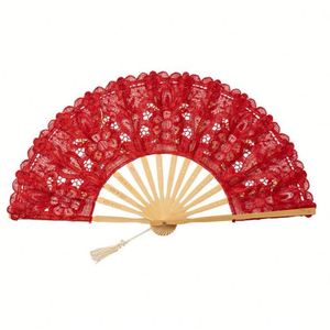 Éventail pliant personnalisé en bambou avec cadre, en tissu de dentelle blanche épaisse, portable, pour mariage, fête, occasion, festival, décoration, peinture - Product Image 4