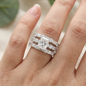<b>Silver</b> <b>925</b> Moissanite Engagement Wedding <b>Ring</b> Set VVS1 3Ct Radiant Cut Prong Setting Rhodium/Gold Plated <b>Ring</b> with Enhancer - Product Image 4