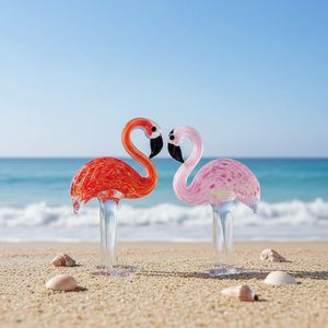 งานฝีมือแก้วเป่ามือ รูปนกฟลามิงโก้สีแดงชมพู งานศิลปะแก้วมูราโน่โบราณ ของสะสมตกแต่งบ้าน - Product Image 1