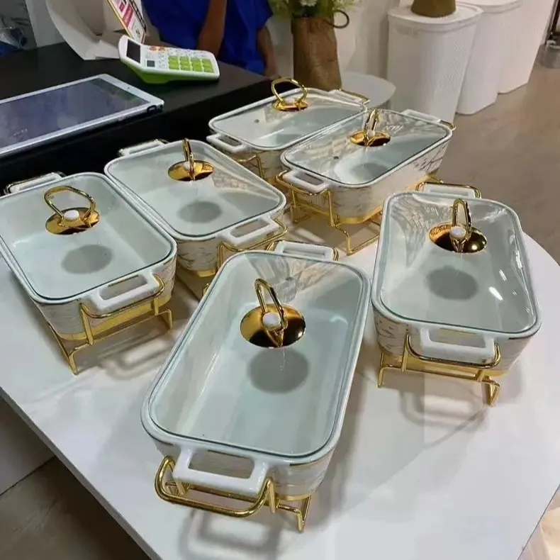 Dikdörtgen altın güveç seramik saksı altın raf restoran plaka seramik çorba tenceresi gıda ısıtıcısı büfe aksesuarları için