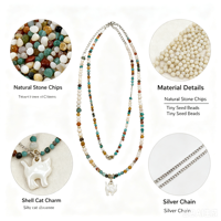 Collier superposé bohème en perles de rocaille en pierre naturelle avec pendentif chat en coquillage, fait main, ras-de-cou, bijoux pour femme, cadeau