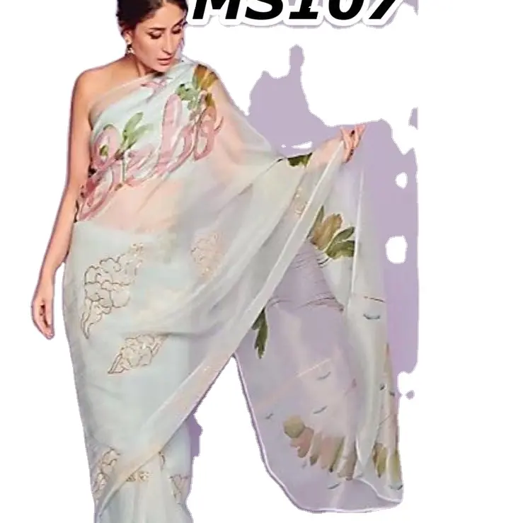 Красивые длинные Дизайнерские Сари из белой органзы в цветочном стиле с блестками, модная одежда для работы онлайн