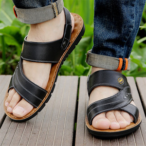 Sandalias de cuero genuino para hombre con tiras cruzadas, suela gruesa antideslizante, casuales de verano, punta abierta, suela de goma - Product Image 4