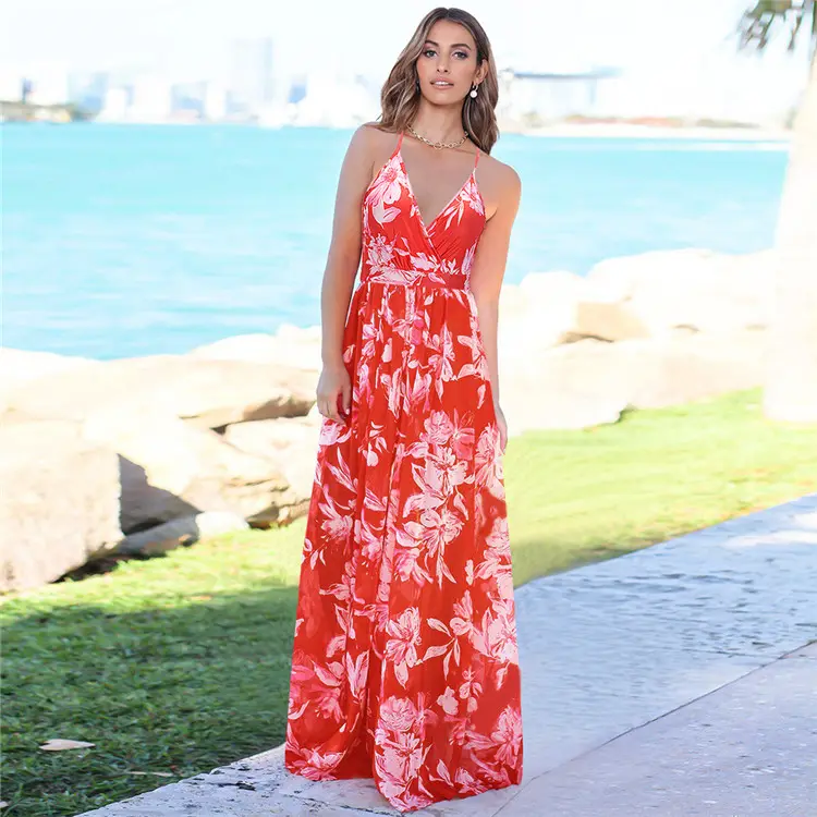 Robe longue Style trapèze à imprimé Floral pour femme, vêtement de plage, couleur rouge, col en v, sans manches, nouvelle collection printemps été 2022