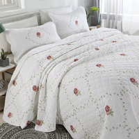 Lot de 3 couvre-lits en coton pour lit double, avec broderie de roses, surmatelas et ensemble de couette Euro pour lit double