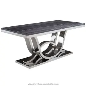 Французская мебель, роскошные серебристые металлические столы и стулья, черный мраморный обеденный стол с 6 наборами стульев