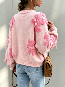 Tendance du moment : Pull décontracté à col rond et manches longues pour femme, coupe ample et oversize, motif floral 3D avec nœud décoratif, idéal pour le quotidien - Product Image 3