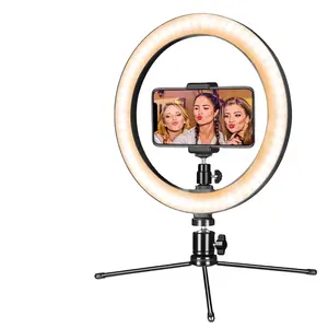 10 Inch Desktop Lamp Dimmable RGB Round Ring Selfie LED Light with Tripod Selfie Light with Phone Holder for Live Stream MAKEUP