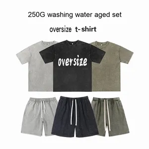 도매 대형 250G 씻어 빈티지 티셔츠와 반바지 세트 100% 코튼 니트 캐주얼 스타일 DTG 기법 - Product Image 1
