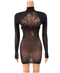 Minivestidos sexys de red con estampado a cuadros y espalda descubierta para mujer, de manga larga con cuello redondo, transparentes, que realzan la figura, para discoteca, con falda a la cadera. - Product Image 3