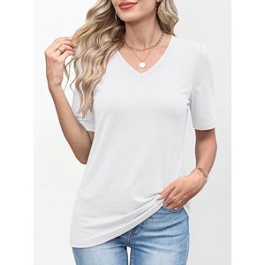 T-shirt à col en V pour femme, manches courtes, coupe basique, décontracté, respirant, tricoté, à porter au quotidien - Product Image 4