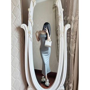 Gray Spaghetti Strap Bodycon Dress Tight Waist Long Solid Color Casual Party Dress For Women - Product Image 5
