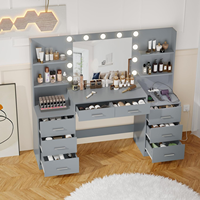 Table de maquillage Miroir Lumineux Power Strip Grand Tiroir Ouvert Commode de Rangement 3 Modes Lumineux Réglable Coiffeuse Gris