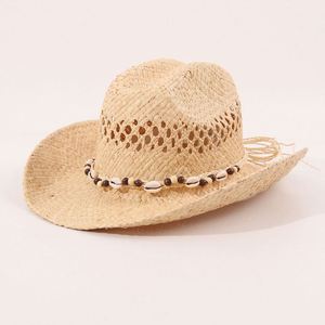 New Summer Sun <b>Hat</b> Handmade Raffia Straw Cowboy <b>Hat</b> Hollow Design Casual Beach <b>Hats</b> With Shells Decoration - Product Image 4