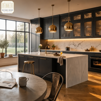 Armoires de cuisine sur mesure, gris foncé charbon, quincaillerie en laiton, marbre Calacatta, OEM, conception 3D gratuite pour toute la maison
