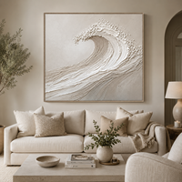 Peinture Murale Texturée Vague Océanique de Luxe, Faite à la Main, Impasto sur Toile, Décoration Côtière Minimaliste, Œuvre d'Art Abstraite à Suspendre sur Cadre en Bois