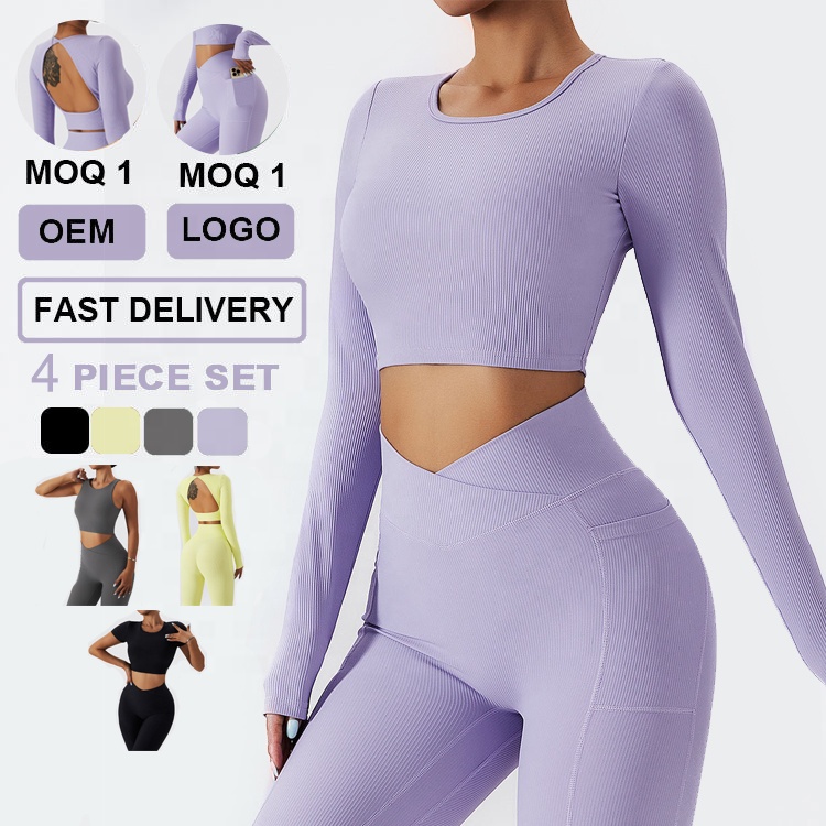 PASUXI женский бесшовный Ребристый комплект для йоги фитнеса спортивные костюмы из 4 предметов Йога с длинным рукавом с высокой талией леггинсы для бега набор для тренировок