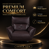 Fauteuil de salon moderne en cuir écologique, pivotant, avec structure en fer moulé sur mesure et pieds en acier carbone.