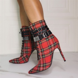 Big Size 47 New Arrivals Plaid Pattern Ankle Buckle Strap Pointed Toe Women Ankle Boots Thin High <b>Heel</b> Short Booties for Ladies - Product Image 6