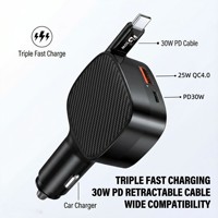 Chargeur de voiture rapide 30W PD avec câble rétractable, port USB 25W pour une charge simultanée, puce intelligente intégrée, sûr pour tous les appareils
