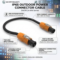 Cable Powercon con Conector Hembra de 3 Pines, IP65, 20A, 250V, UL94-V0, Contactos de Aleación de Cobre PA6, Bloqueo de Seguridad con Tornillo