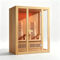 Cabine de sauna moderne en bois massif, directement de l'usine, avec banc à deux niveaux, plafond LED étoilé et verre trempé pour salle de sport intérieure à domicile