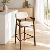 Tabouret de bar avec pieds en bois massif, assise en cuir et accoudoirs, chaise de bar pour îlot de cuisine, siège de comptoir