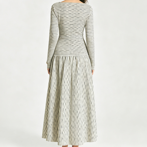 Women Solid Woven Maxi <b>Dress</b> O-Neck Long Sleeve A-Line Casual Breathable <b>Elastic</b> Waist Natural Full Length Spandex/Polyester - Product Image 3