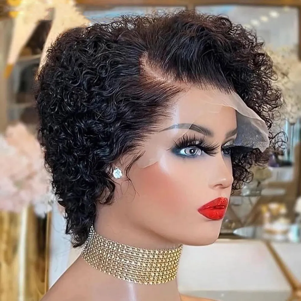 Fuxin-Peluca de cabello humano brasileño con corte Pixie para mujer, pelo corto rizado, prearrancado, corte Bob Pixie, venta al por mayor