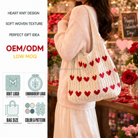Sac fourre-tout en tricot rouge ivoire avec motif cœur pour femme, sac à bandoulière, cadeau romantique, sac de shopping, logo personnalisé, vente en gros, usine OEM