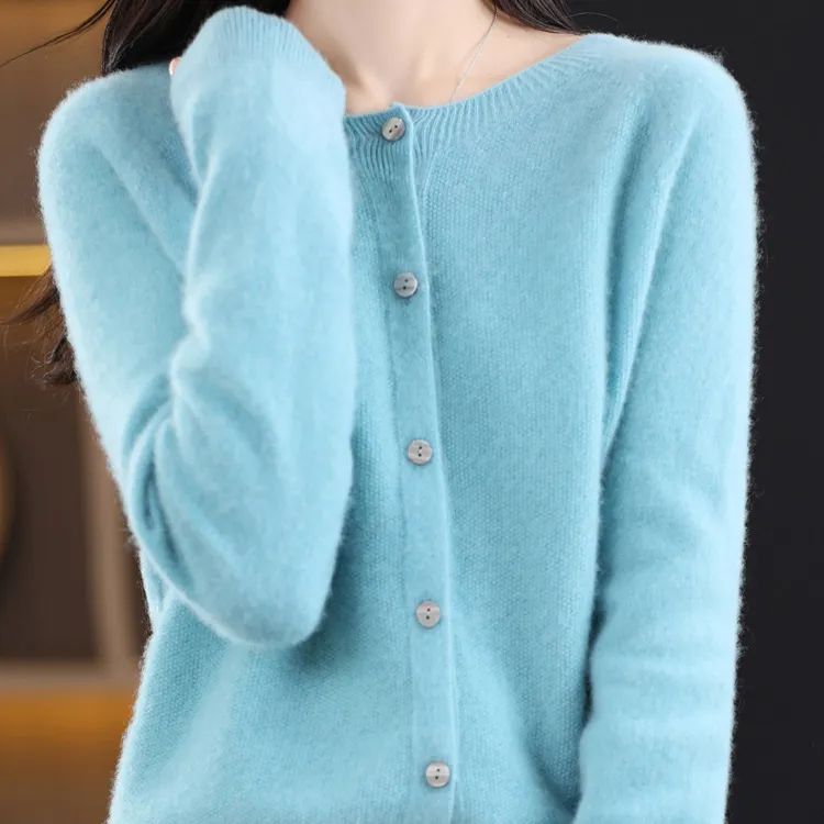 Prenda confeccionada para otoño e invierno, cárdigan de lana pura 100%, suéter de punto de cuello redondo suelto con aguja Osmanthus para mujer