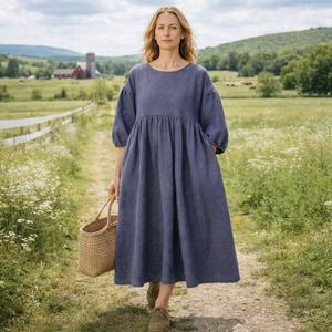 Custom-made Blue <strong>Linen</strong> Women's <strong>Dress</strong> Is Breathable, Loose and Mid-length, Suitable for Daily Casual Wear and <strong>Wedding</strong> Outfits - Product Image 4