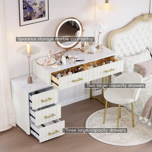 Modern Velvet Upholstered <b>Vanity</b> Desk LED <b>Lighted</b> Mirror Chair Padded Chair Dressing Table Left/Right Adjustable Storage Beige - Product Image 3
