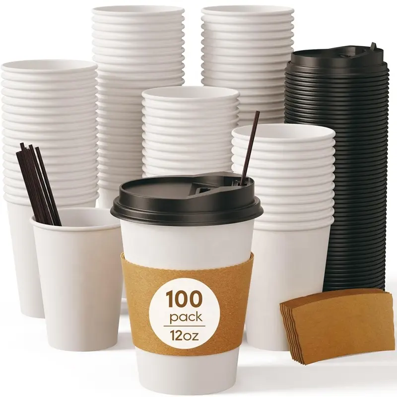 100 упаковка, 12 унций, кофейные чашки, одноразовые бумажные кофейные чашки с крышками и мешалками