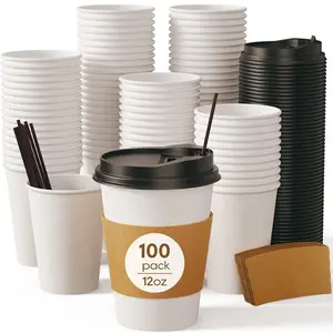 100包12盎司去咖啡杯一次性纸咖啡杯带盖套和搅拌器