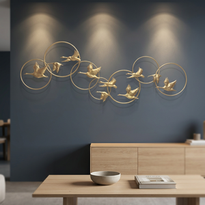 Art Déco Métal Fer Oiseaux Volants Anneaux Art Mural Or Gris Taille Personnalisée Salon Chambre Accessoires Décoratifs Portrait - Product Image 4