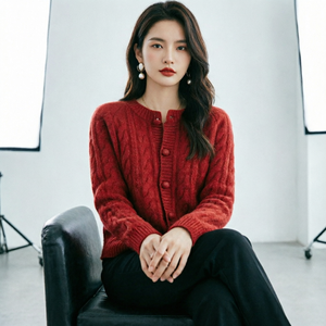Women's <b>Red</b> <b>Wool</b> Knitted Cardigan O-Neck Full Sleeve Button Front Solid Color Elegant Winter Top Hand Knitted Thick Regular Fit - Product Image 1