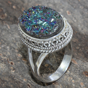 Vente en gros de bagues en argent sterling 925 avec pierres précieuses Druzy Bijoux classiques plaqués rhodium Coupe ovale pour les mariages et les fêtes Fabriqués à la main - Product Image 1