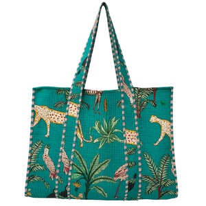 Bolso Tote de Lona Acolchada con Estampado de Jungla, Color Verde Azulado, Gran Capacidad, Estilo Boho, Bolso de Hombro para la Playa - Product Image 1